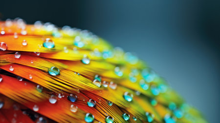 Macro shot of colorful feathers with dew drops on it.の素材