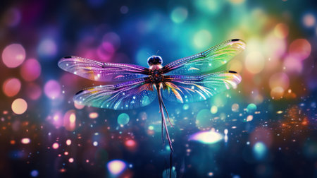 Dragonfly on colorful bokeh lights background. 3D renderingの素材