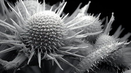 Black and white macro closeup of a flower head of a sunflowerの素材