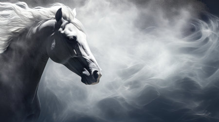 White horse with long mane on a dark background with clouds of smokeの素材