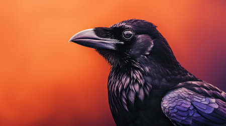 Close up of a black raven on orange background with copy space.の素材