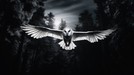 Black and white image of an owl flying over the forest at nightの素材