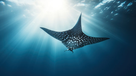 Manta ray swimming in the deep blue sea. Underwater photography.の素材