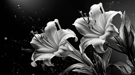 Beautiful lily flowers on a black background. Black and white photo.の素材