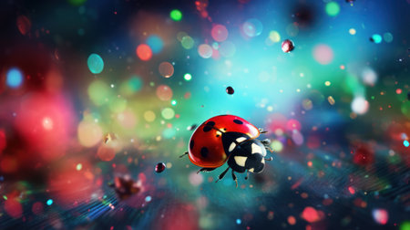 ladybug on colorful bokeh background. 3d illustrationの素材