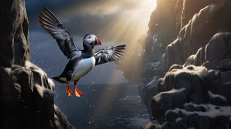 Puffin flying in the sky. 3d render illustration.の素材