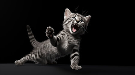 Cute American shorthair kitten with open mouth on black background.の素材