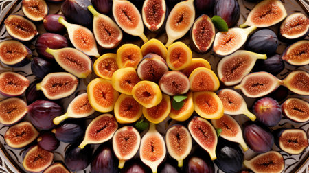 Slices of fresh figs on a plate. Top view.の素材