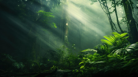 Sun rays shining through trees in the rainforest of tropical rainforestの素材