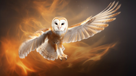 Flying barn owl with fire in the background. 3D illustration.の素材