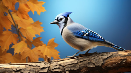 Blue jay bird sitting on branch with autumn leaves on blue backgroundの素材