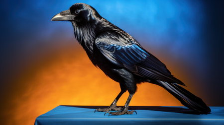 Black raven on a blue table in front of a dark background.の素材