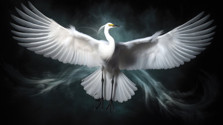 3D rendering of a great white egret flying in the smokeの素材
