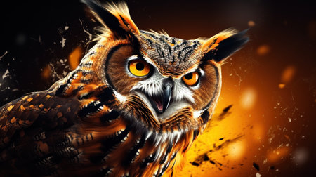 Beautiful owl with orange eyes and black background. 3d renderingの素材