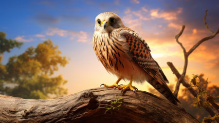 Kestrel on a tree branch against the background of the sunsetの素材