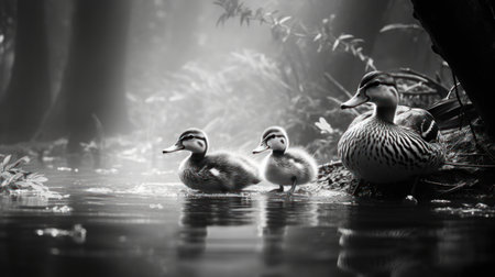 Black and white photo of mallard duck family swimming in pond.の素材