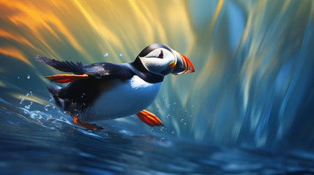 Puffin flying in the blue sea. 3d render illustrationの素材