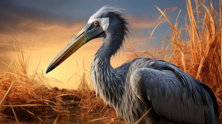 Pelican in the reeds at sunset, 3d renderの素材