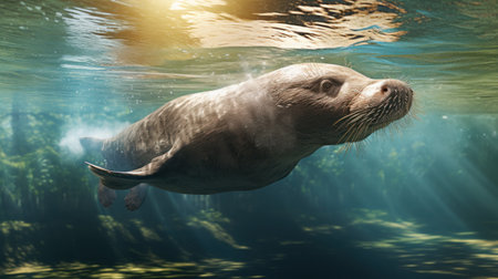Sea lion swimming underwater in the ocean. 3d render illustration.の素材