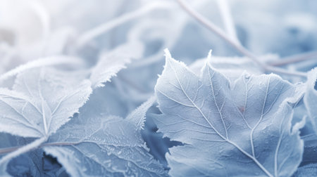 Close up of blue leaves in winter season. Beautiful nature background.の素材