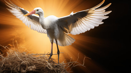 White stork in the nest on a dark background with rays of lightの素材