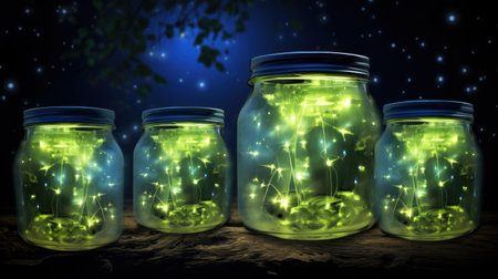 Mason jars with glowing lights inside. 3D Rendering.の素材