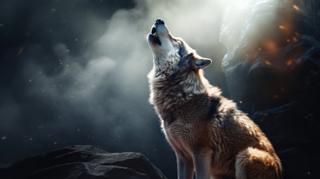 Portrait of a wolf in the dark with smoke on the backgroundの素材