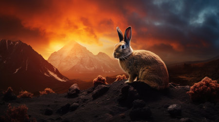 Rabbit on a rock against the backdrop of a beautiful mountain landscapeの素材