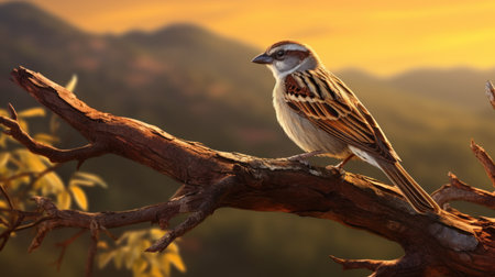 Sparrow on a branch in the morning light with mountains in the backgroundの素材