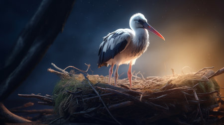 Stork in the nest at night. Wildlife scene from nature.の素材