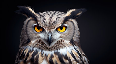 Eurasian Eagle Owl (Bubo bubo) on black backgroundの素材