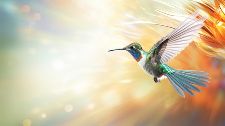 Hummingbird in flight on a colorful background with bokeh effectの素材