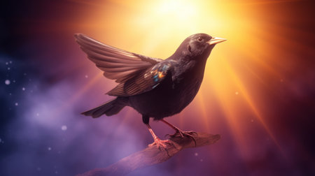 Black bird with open wings on a branch in the rays of the setting sunの素材