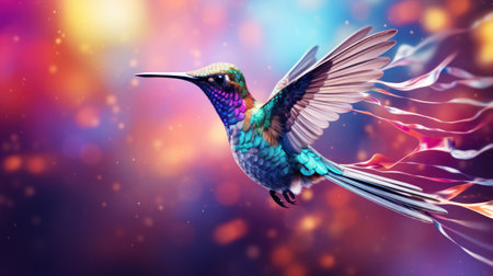 Hummingbird on colorful bokeh background. 3d illustrationの素材