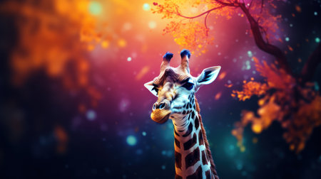 Giraffe in the forest at night. Colorful background.の素材