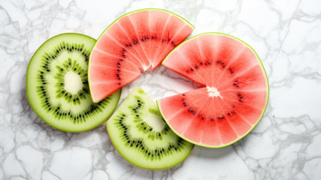 Slices of kiwi and watermelon on white marble backgroundの素材
