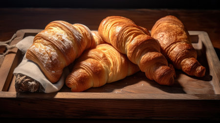 Freshly baked croissants on a wooden table. Toned.の素材