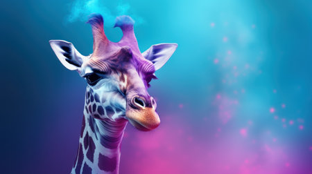 Giraffe head on colorful background. 3D illustration. Copy space.の素材