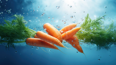 Carrot in water with bubbles on blue background. Healthy food conceptの素材
