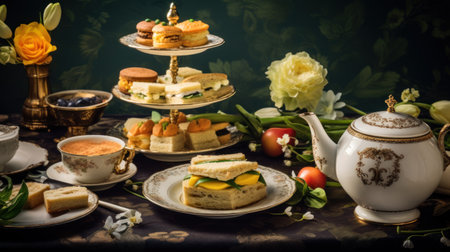 Breakfast with tea, cakes and fruits on a table in a restaurantの素材