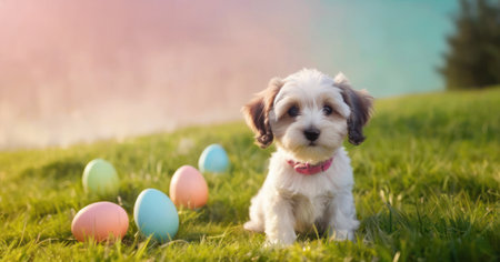 Cute little havanese puppy sitting on the grass with Easter eggsの素材