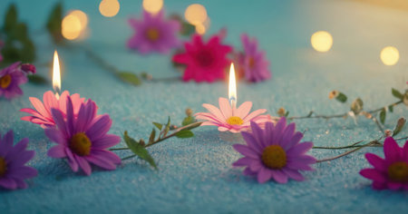 Burning candles with pink flowers on blue background with bokehの素材