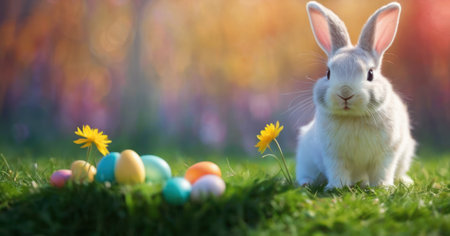 Cute Easter bunny with colorful eggs and flowers on green grass.の素材