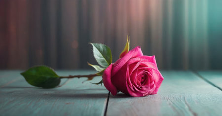 Pink rose on a wooden background. Valentines day background with copy space.の素材