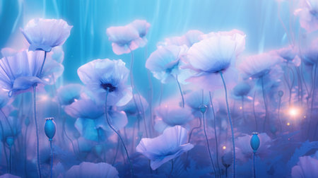 poppy flowers on blue background with light and bokeh effectの素材