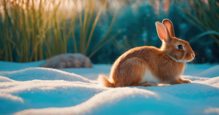 Cute red rabbit sitting in the snow. Easter bunny in snow.の素材