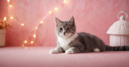 Beautiful scottish straight cat lying on pink background with garlandの素材