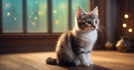 Cute little kitten sitting on wooden floor and looking at camera.の素材