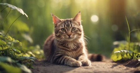 Cute tabby cat lying on the ground in the garden.の素材