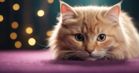 Cute ginger maine coon cat lying on purple carpet with bokeh backgroundの素材